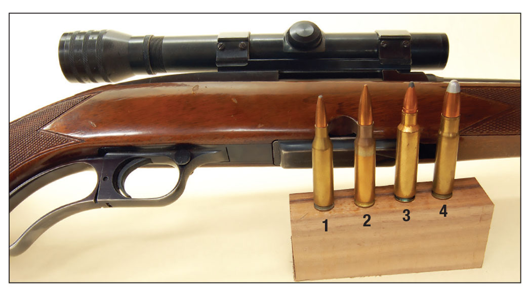 The Winchester Model 88 and its cartridges: (1) 243 Winchester, (2) 308 Winchester, (3) 284 Winchester and (4) 358 Winchester. It was discontinued four years before the Big Bore Model 94 arrived. Gil thinks it was at least twice the rifle the Big Bore ever hoped to be.